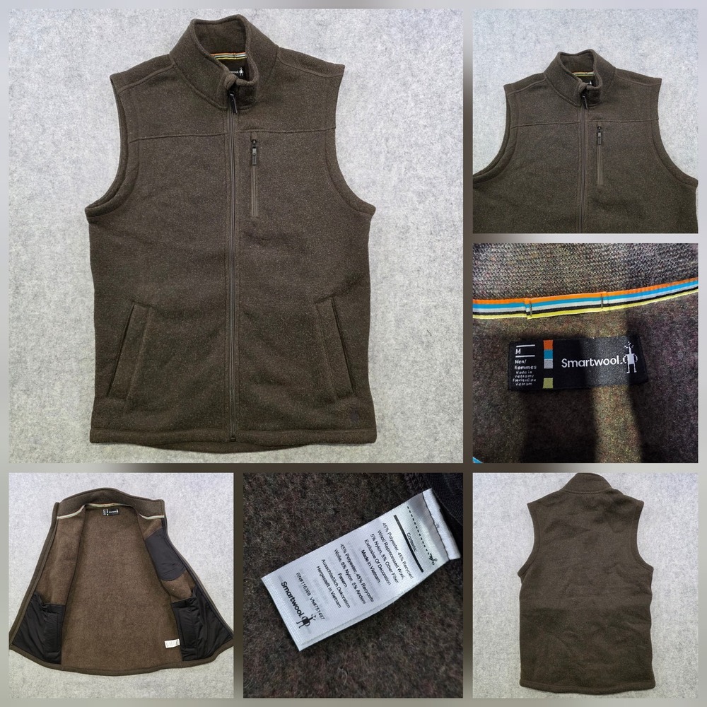 Smartwool‎ Hudson Trail Fleece Vest Mens Medium Brown Wool Full Zip Pockets